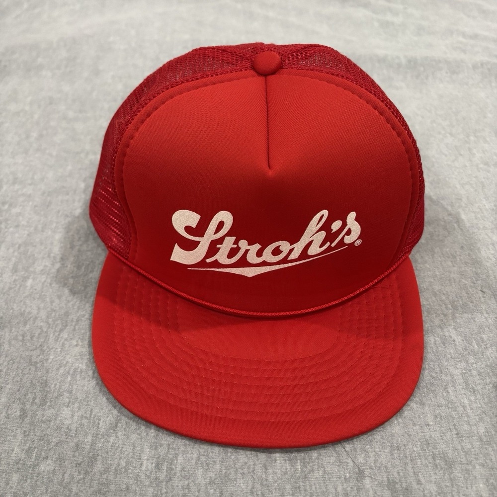 Vintage Strohs Beer Trucker Hat Red Mesh Snapback Designer Pro Cap Mens Retro